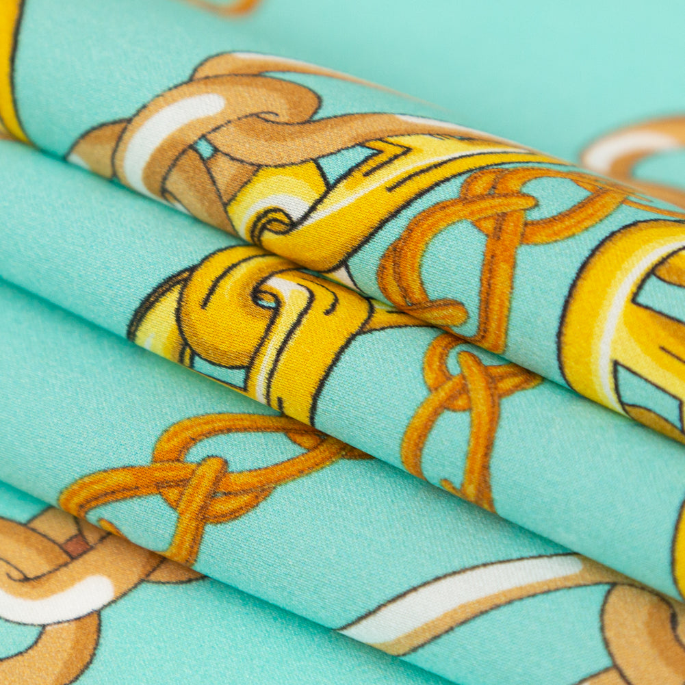 Mood Exclusive Italian Teal and Gold Chains Digitally Printed Silk Charmeuse Folded