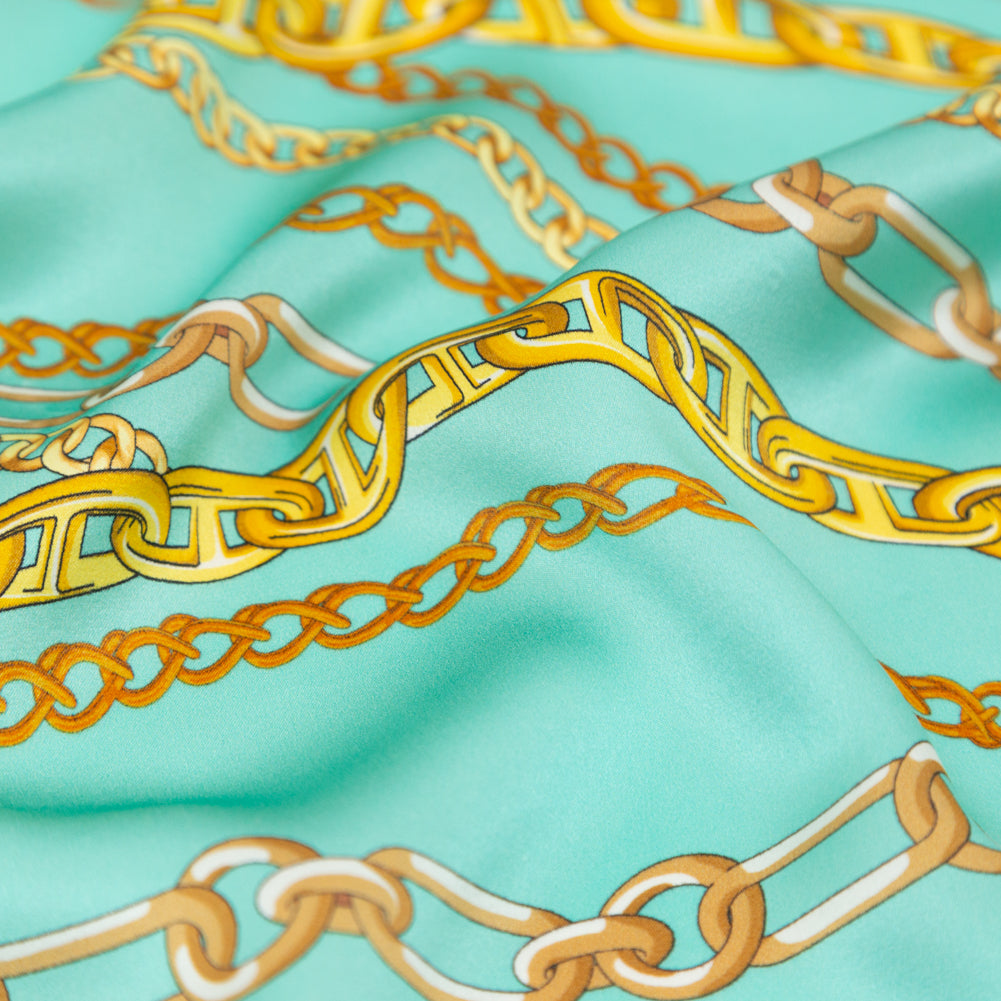 Mood Exclusive Italian Teal and Gold Chains Digitally Printed Silk Charmeuse Detail