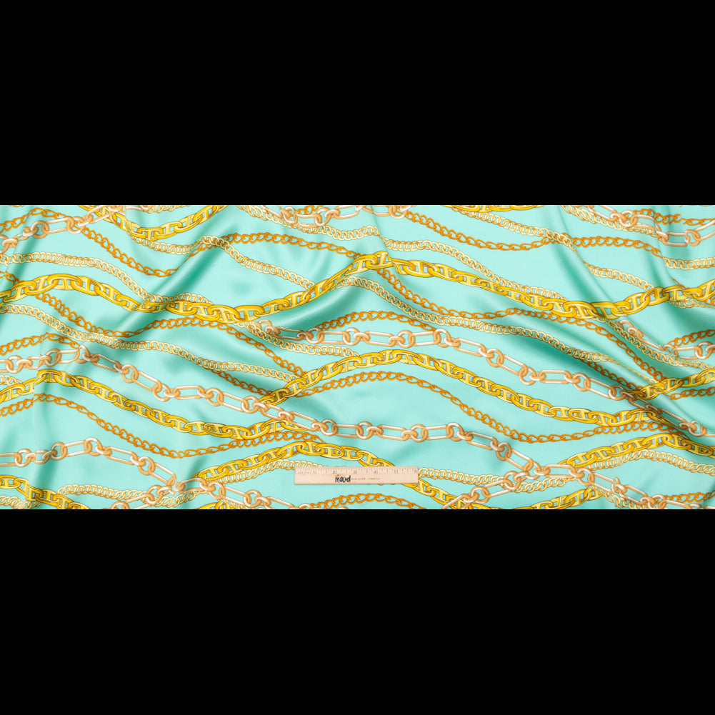 Mood Exclusive Italian Teal and Gold Chains Digitally Printed Silk Charmeuse Full
