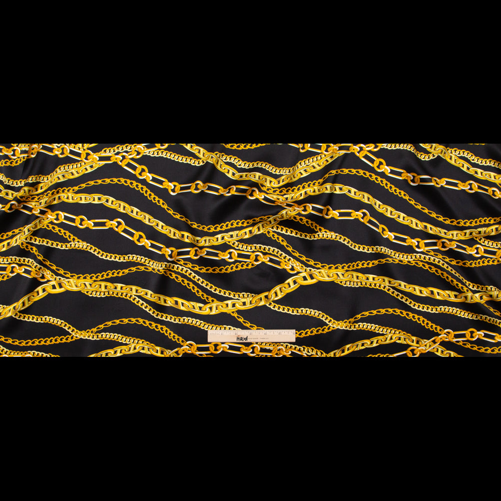 Italian Black Bean and Gold Chains Digitally Printed Silk Charmeuse - Folded