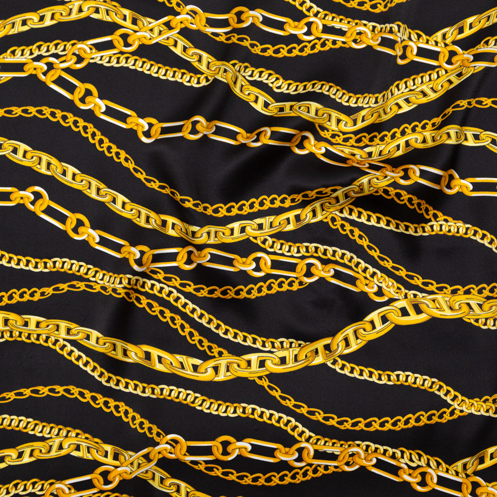 Italian Black Bean and Gold Chains Digitally Printed Silk Charmeuse