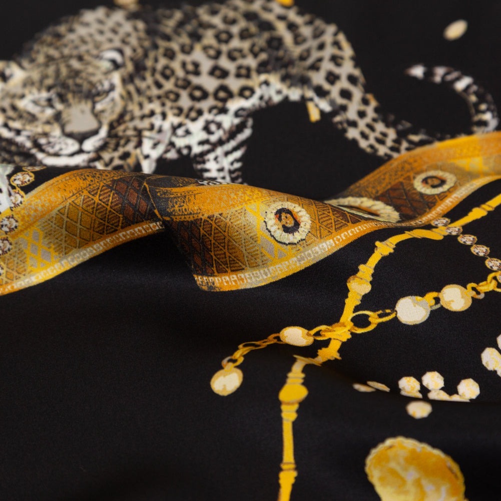 Italian Black and Gold Cheetahs and Gems Silk Charmeuse - Detail