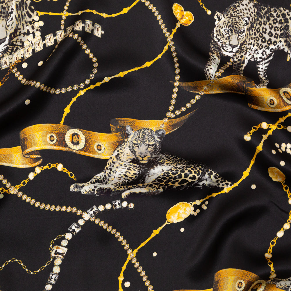 Italian Black and Gold Cheetahs and Gems Silk Charmeuse
