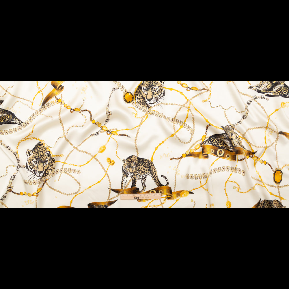 Mood Exclusive Italian Off-White and Gold Cheetahs and Gems Silk Charmeuse Full