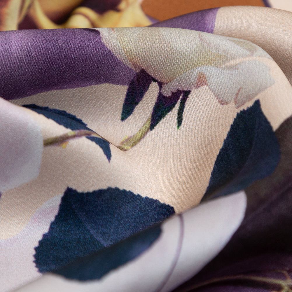 Mood Exclusive Italian Brown, Evening Rose and Mint Floral Border Digitally Printed Silk Charmeuse - Detail