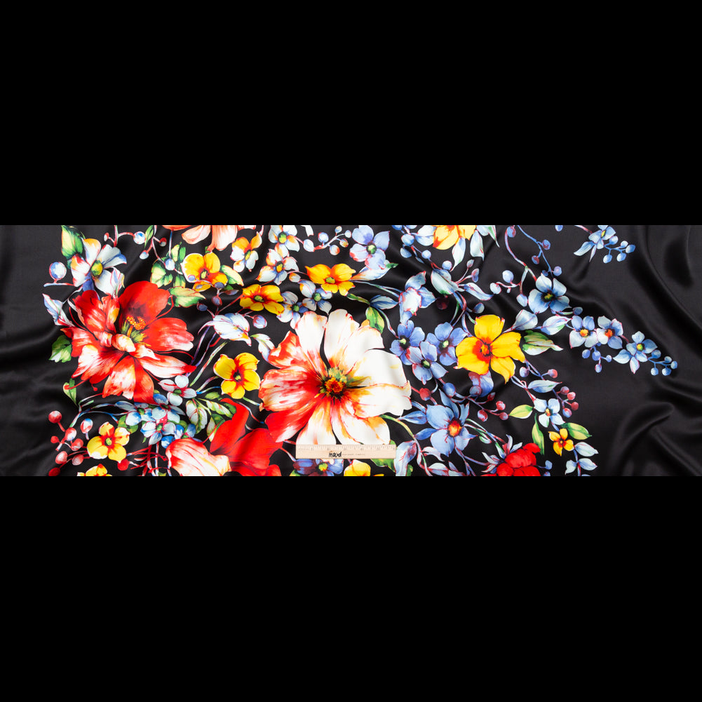 Mood Exclusive Italian Black Silk Charmeuse with Central Digitally Printed Florals Folded