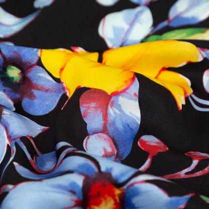 Mood Exclusive Italian Black Silk Charmeuse with Central Digitally Printed Florals Full