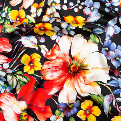 Mood Exclusive Italian Black Silk Charmeuse with Central Digitally Printed Florals