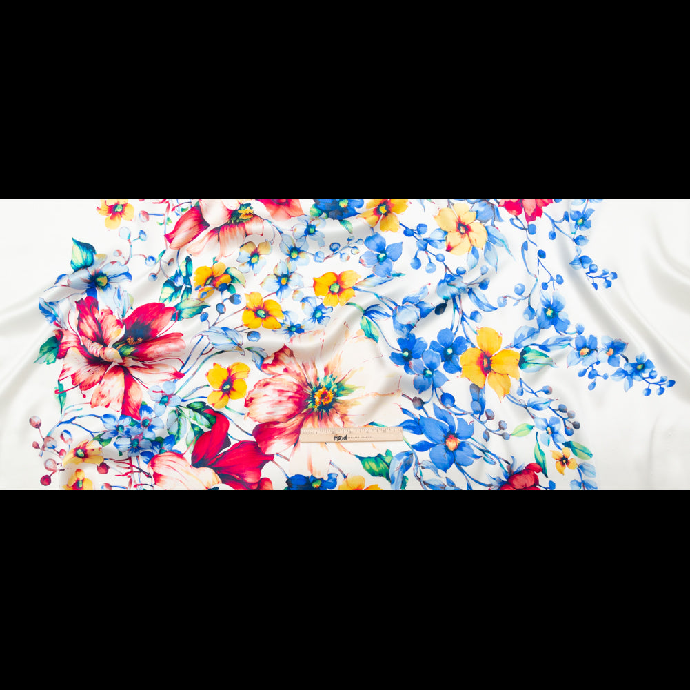 Italian White Silk Charmeuse with Central Digitally Printed Florals - Folded