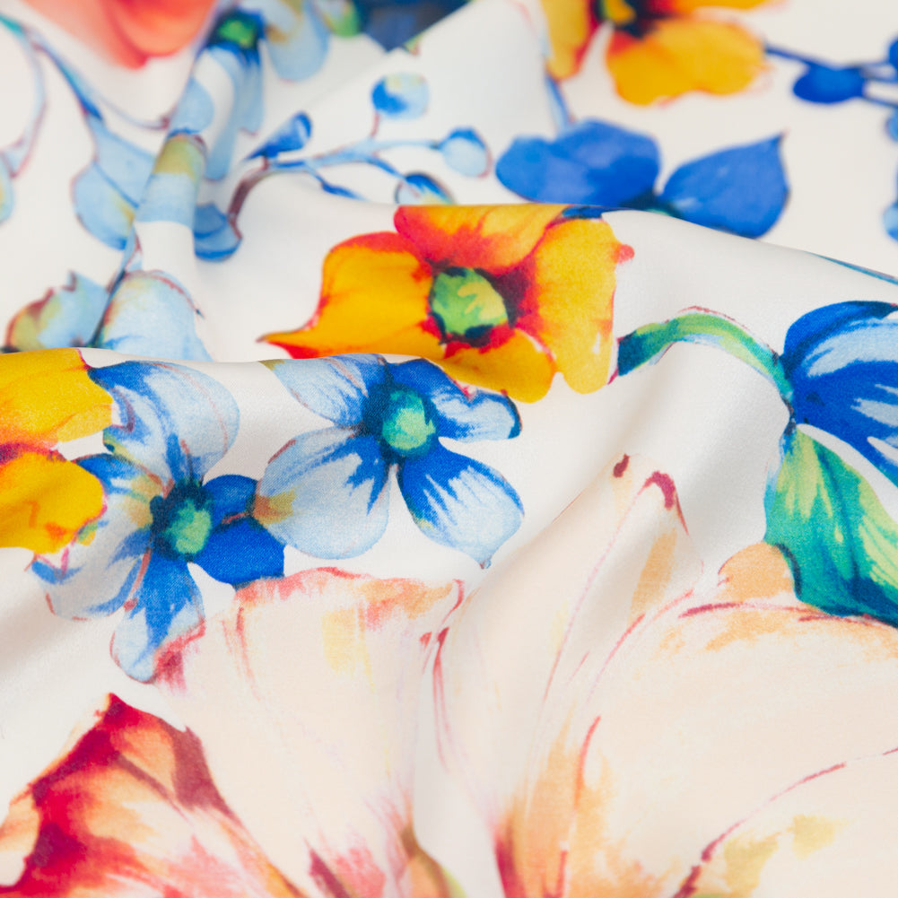 Italian White Silk Charmeuse with Central Digitally Printed Florals - Full