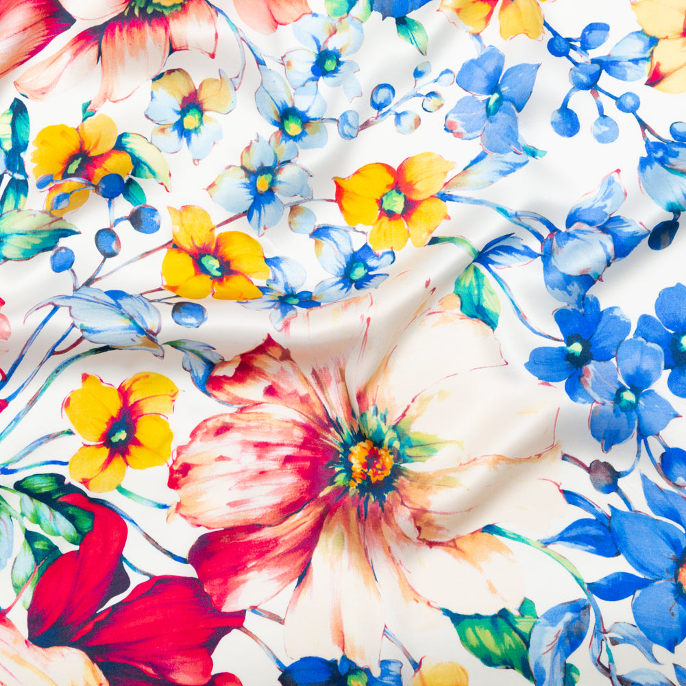 Italian White Silk Charmeuse with Central Digitally Printed Florals