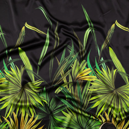 Italian Green and Black Palm Leaves Digitally Printed Silk Charmeuse Panel