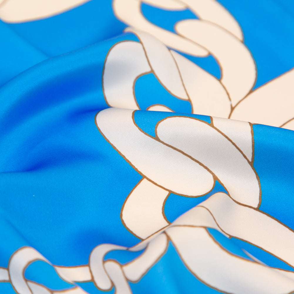 Italian Cerulean Blue and Almond Milk Large Chains Digitally Printed Silk Charmeuse - Detail
