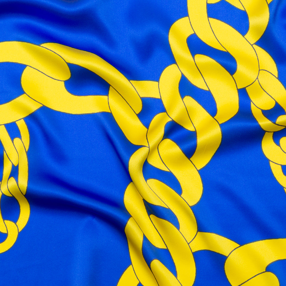 Italian Blue and Yellow Large Chains Digitally Printed Silk Charmeuse