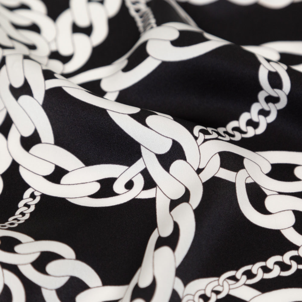 Italian Black and White Chains Digitally Printed Silk Charmeuse - Detail