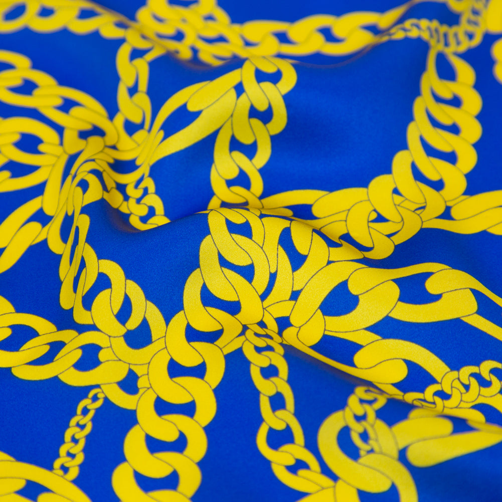 Italian Blue and Yellow Chains Digitally Printed Silk Charmeuse - Full