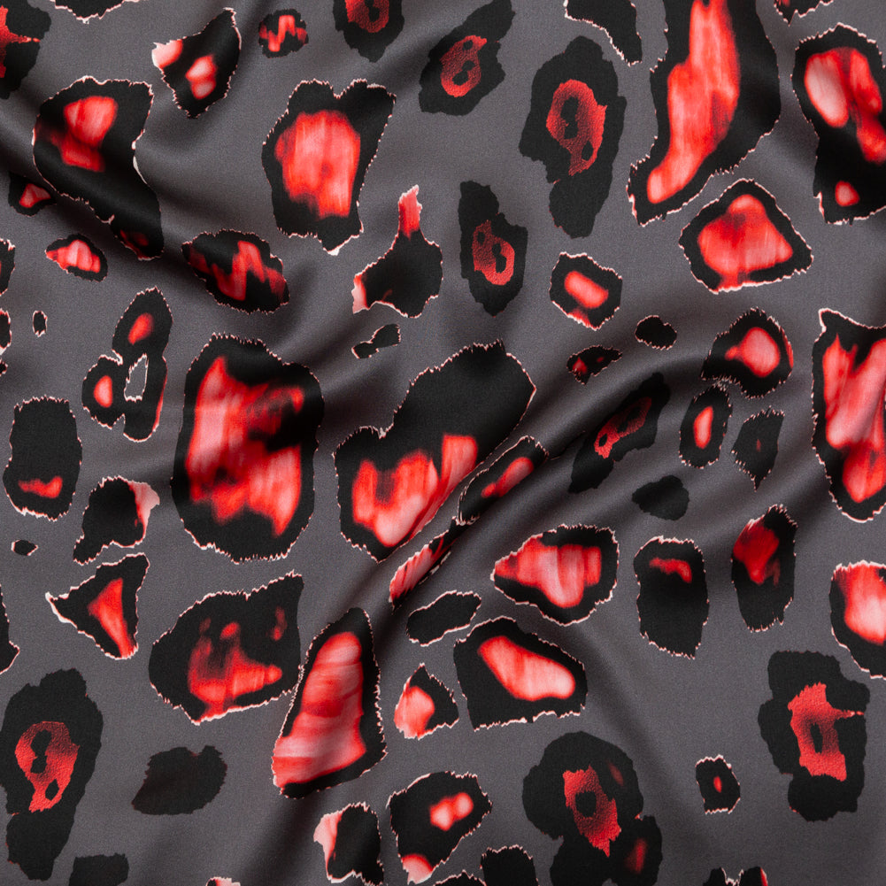 Mood Exclusive Italian Gray and Red Abstract Digitally Printed Silk Charmeuse