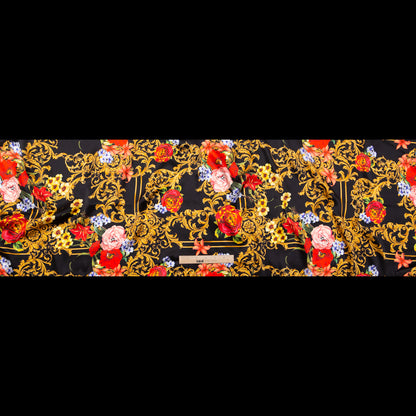Mood Exclusive Italian Black, Faded Rose and Harvest Gold Ornate Floral Digitally Printed Silk Charmeuse Folded
