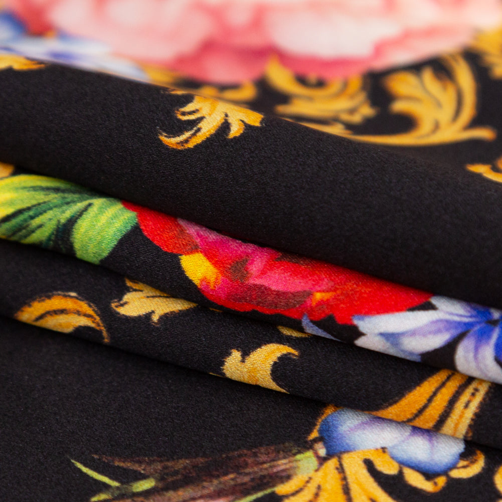 Mood Exclusive Italian Black, Faded Rose and Harvest Gold Ornate Floral Digitally Printed Silk Charmeuse Detail