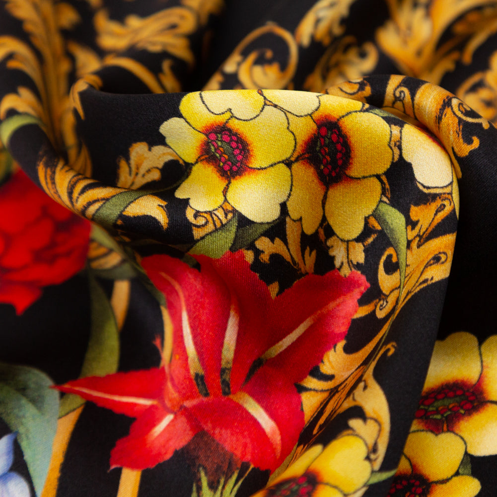 Mood Exclusive Italian Black, Faded Rose and Harvest Gold Ornate Floral Digitally Printed Silk Charmeuse Full