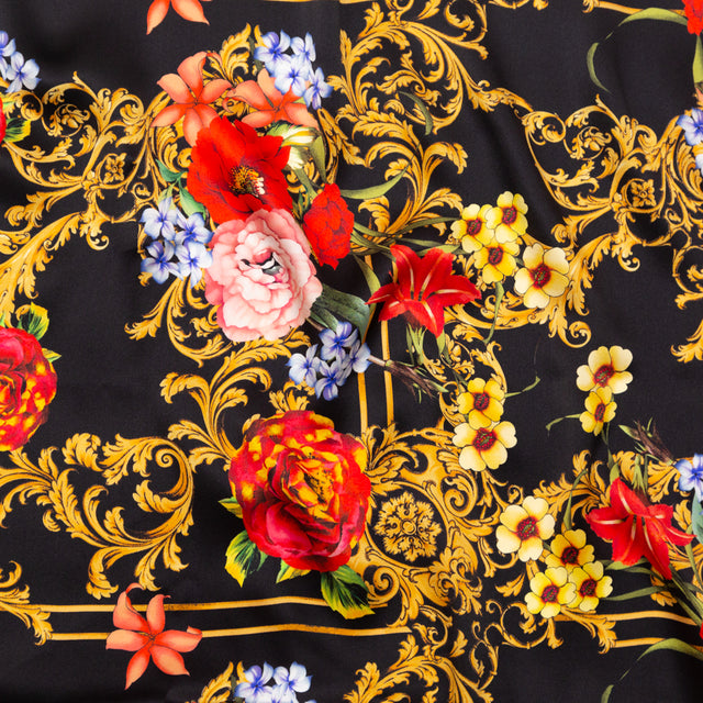 Mood Exclusive Italian Black, Faded Rose and Harvest Gold Ornate Floral Digitally Printed Silk Charmeuse