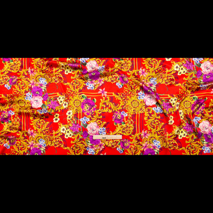 Italian Red, Gold and Purple Ornate Floral Digitally Printed Silk Charmeuse - Folded