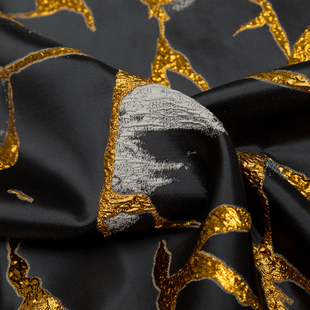 Metallic Bright Gold, Moonstruck and Beluga Satin-Faced Abstract Luxury Brocade - Detail