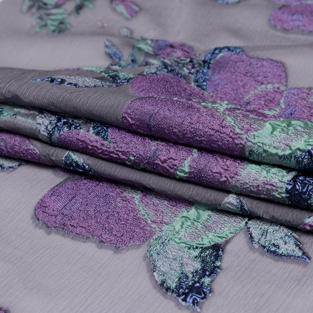 Metallic Blue Morpho, Periscope, Dark Ivy and Purple Gumdrop Floral Luxury Organza Brocade - Folded