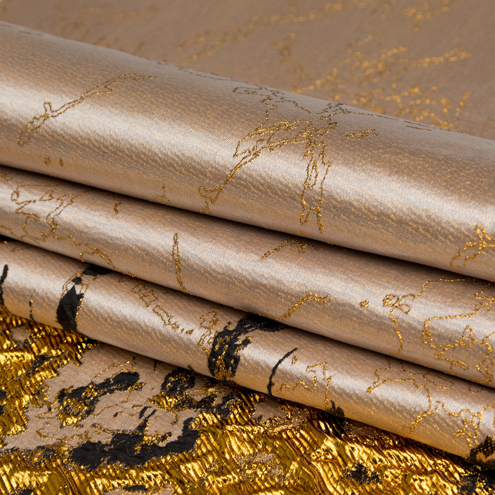Metallic Bright Gold and Toasted Almond Abstract Border Brocade - Folded