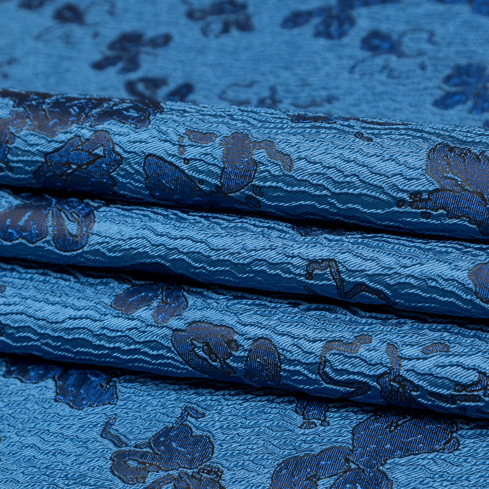 Metallic Baleine Blue and Black Floral Luxury Brocade - Folded