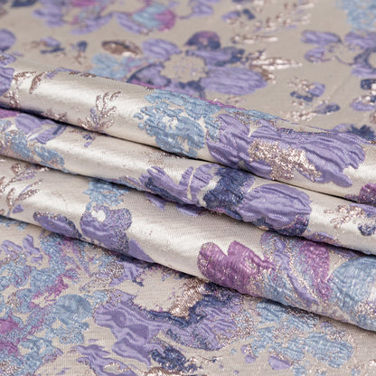 Metallic Champagne, Rainy Day and Deep Wisteria Floral Luxury Brocade - Folded