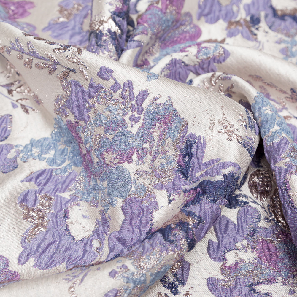 Metallic Champagne, Rainy Day and Deep Wisteria Floral Luxury Brocade - Detail