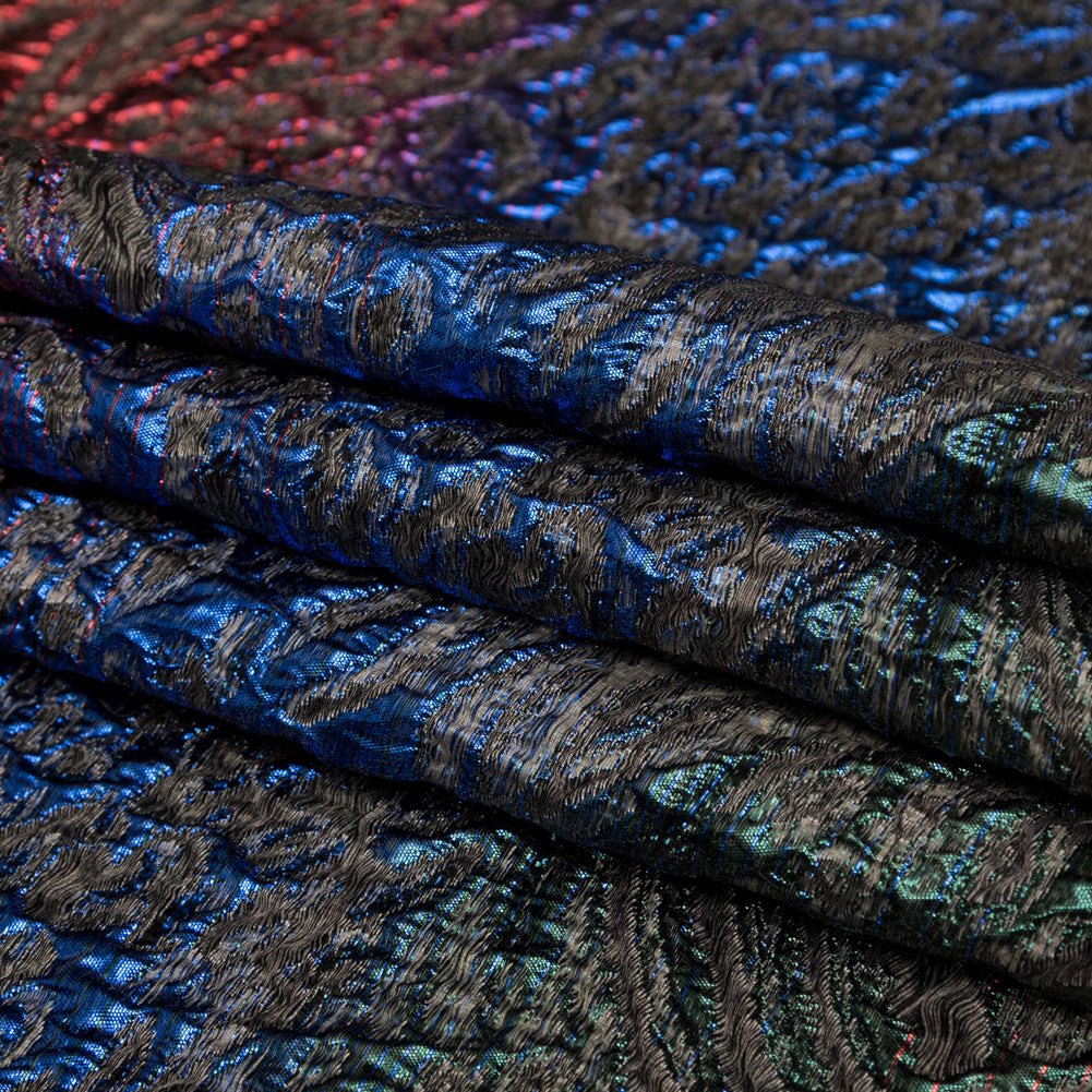 Metallic Space Cherry, Blue Morpho and Emerald Abstract Ombre Luxury Brocade - Folded
