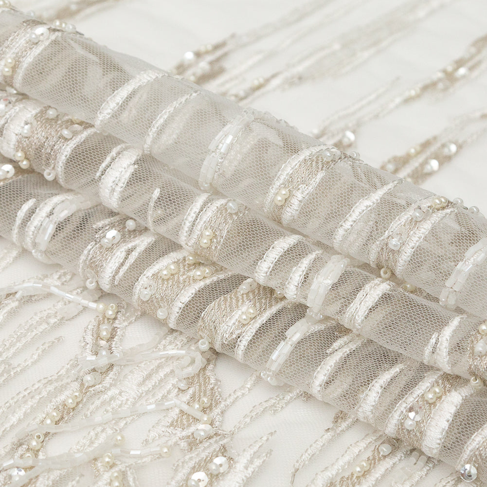 Metallic Off-White Fancy Beaded and Embroidered Lace with Scalloped Edges Folded