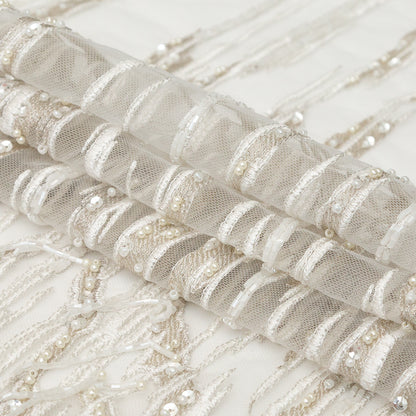 Metallic Off-White Fancy Beaded and Embroidered Lace with Scalloped Edges Folded
