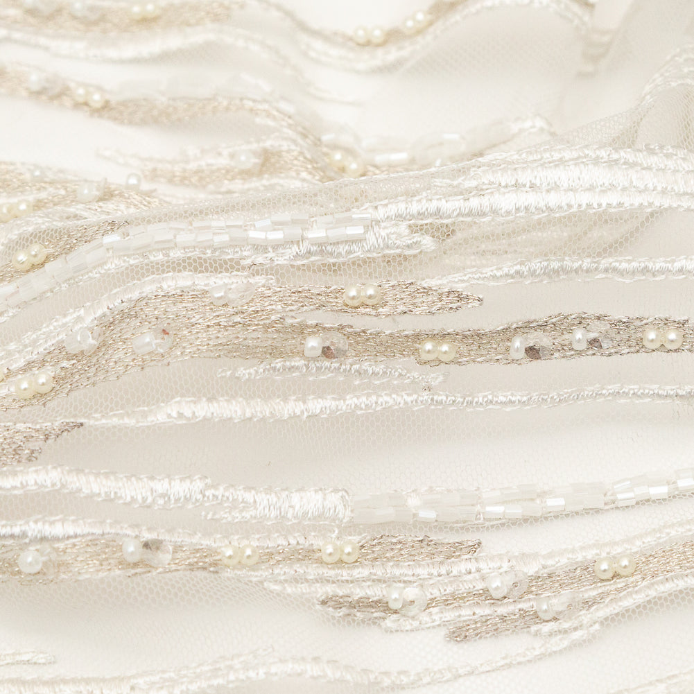 Metallic Off-White Fancy Beaded and Embroidered Lace with Scalloped Edges Detail