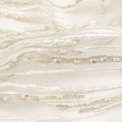 Metallic Off-White Fancy Beaded and Embroidered Lace with Scalloped Edges Detail
