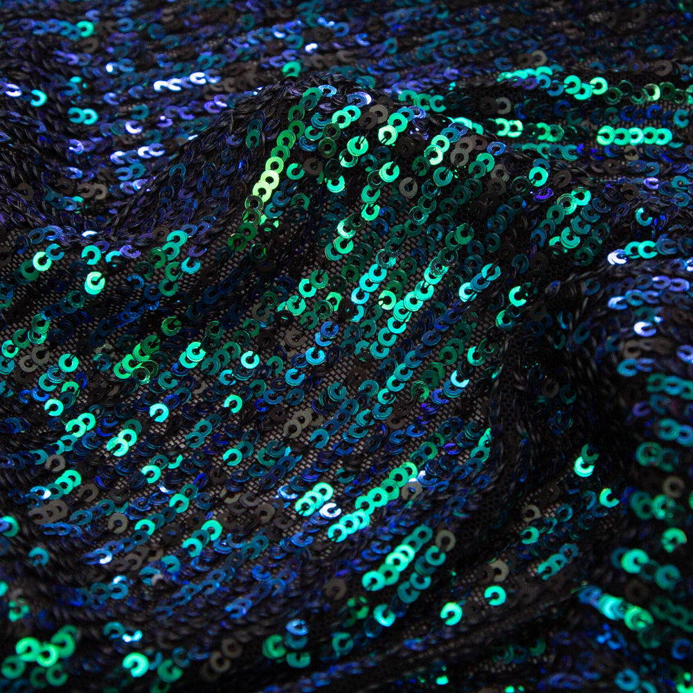 Green and Blue Striped Baby Sequins on Black Stretch Mesh Detail