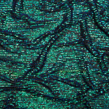Green and Blue Striped Baby Sequins on Black Stretch Mesh