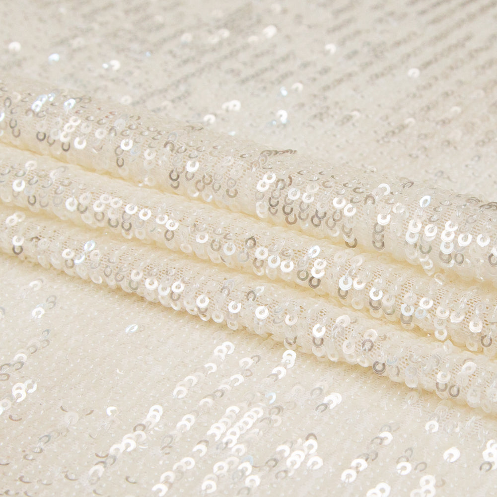 Iridescent Striped Baby Sequins on White Stretch Mesh - Detail