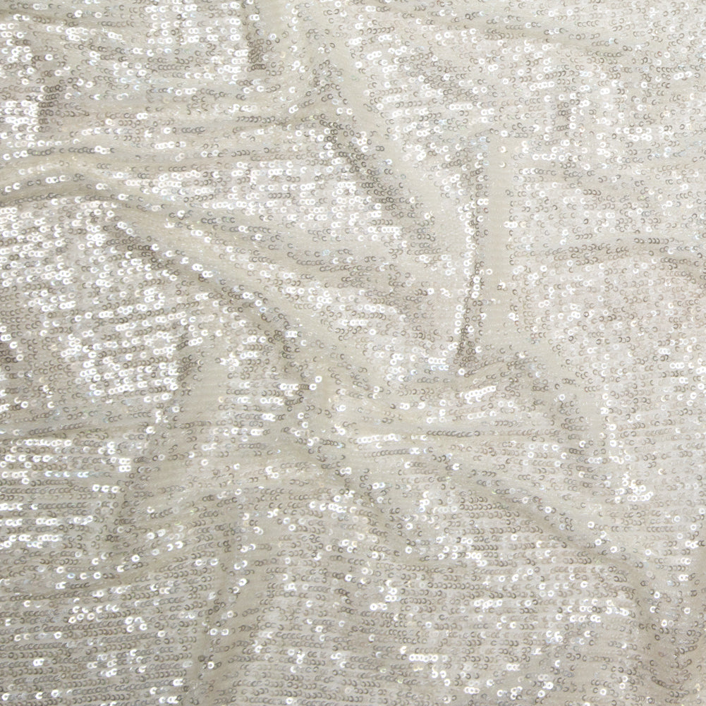 Iridescent Striped Baby Sequins on White Stretch Mesh