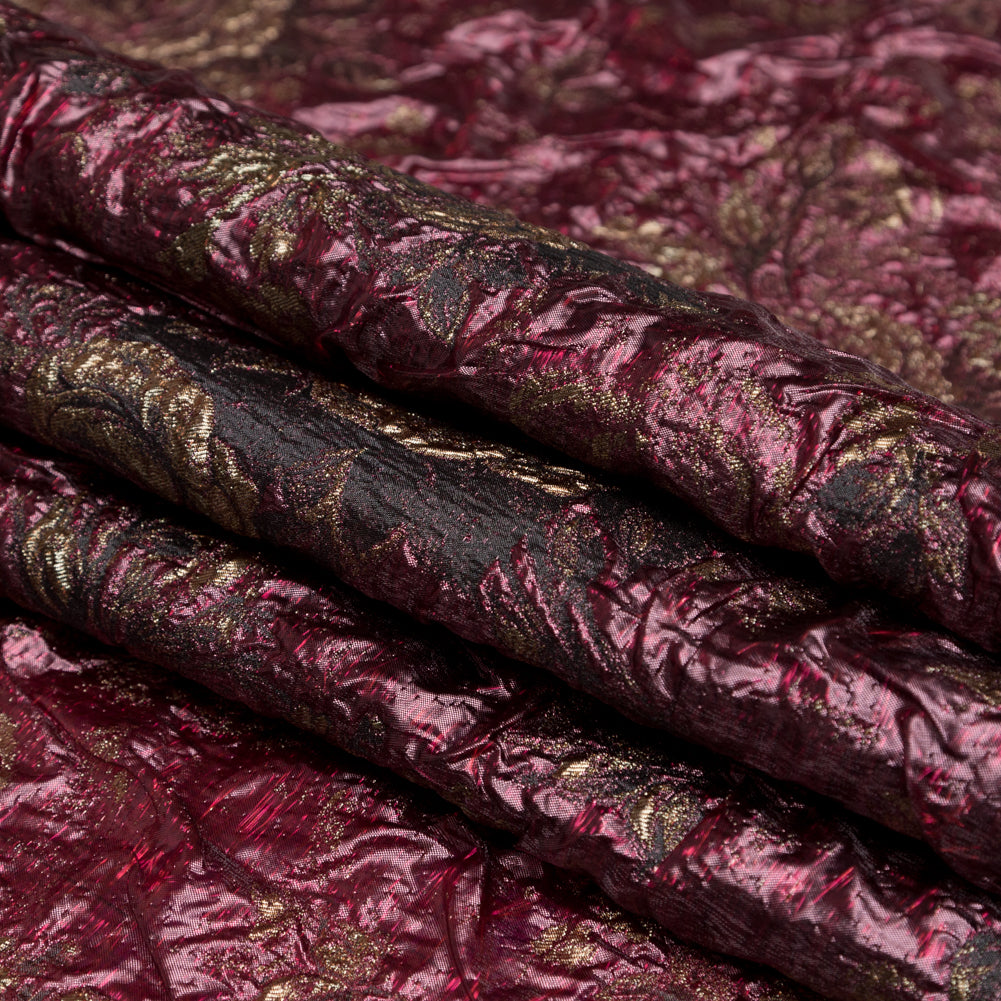 Metallic Raspberry Radiance and Bright Gold Floral Luxury Double Layer Organza Brocade Detail
