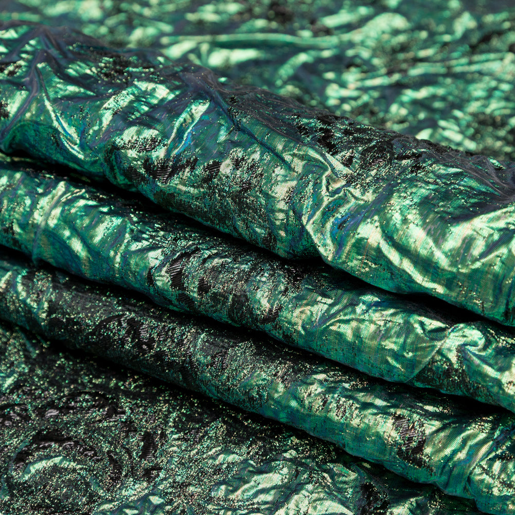 Metallic Verdant Green and Black Floral Luxury Double Layer Organza Brocade Detail