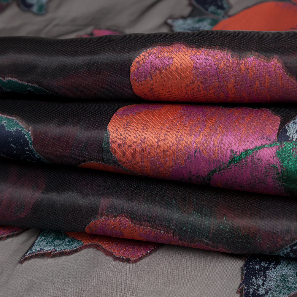 Metallic Evergreen, Cinnamon Stick and Boysenberry Floral Luxury Organza Jacquard - Folded