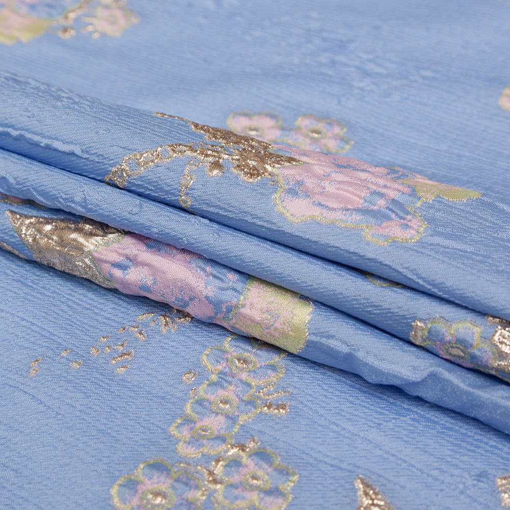 Placid Blue, Weeping Willow and Metallic Bright Gold Floral Luxury Brocade - Folded