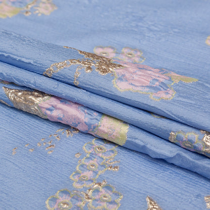 Placid Blue, Weeping Willow and Metallic Bright Gold Floral Luxury Brocade - Folded