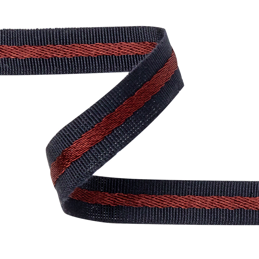 Italian Navy and Wine Striped Cotton Blend Grosgrain Ribbon - 0.4375 - Detail