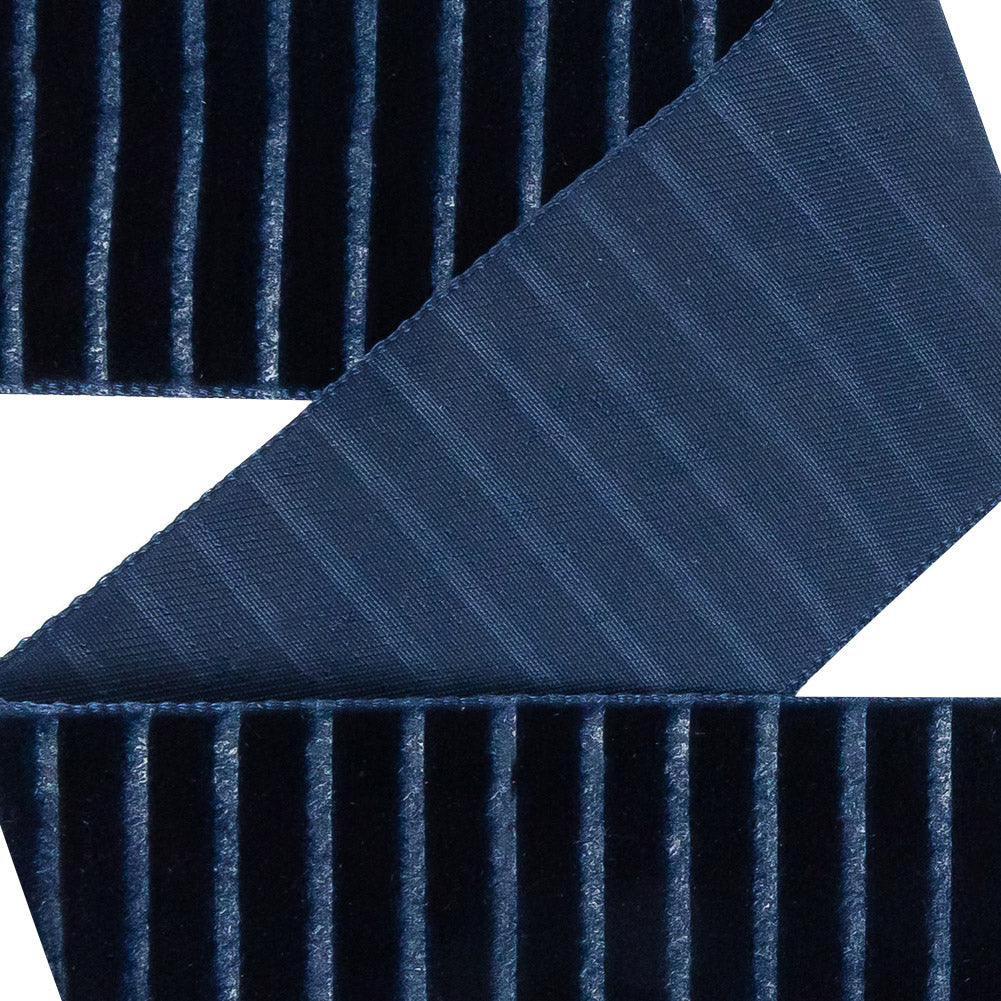 Italian Navy Vertical Stripes Velvet Burnout Trim - 1.4375 - Detail