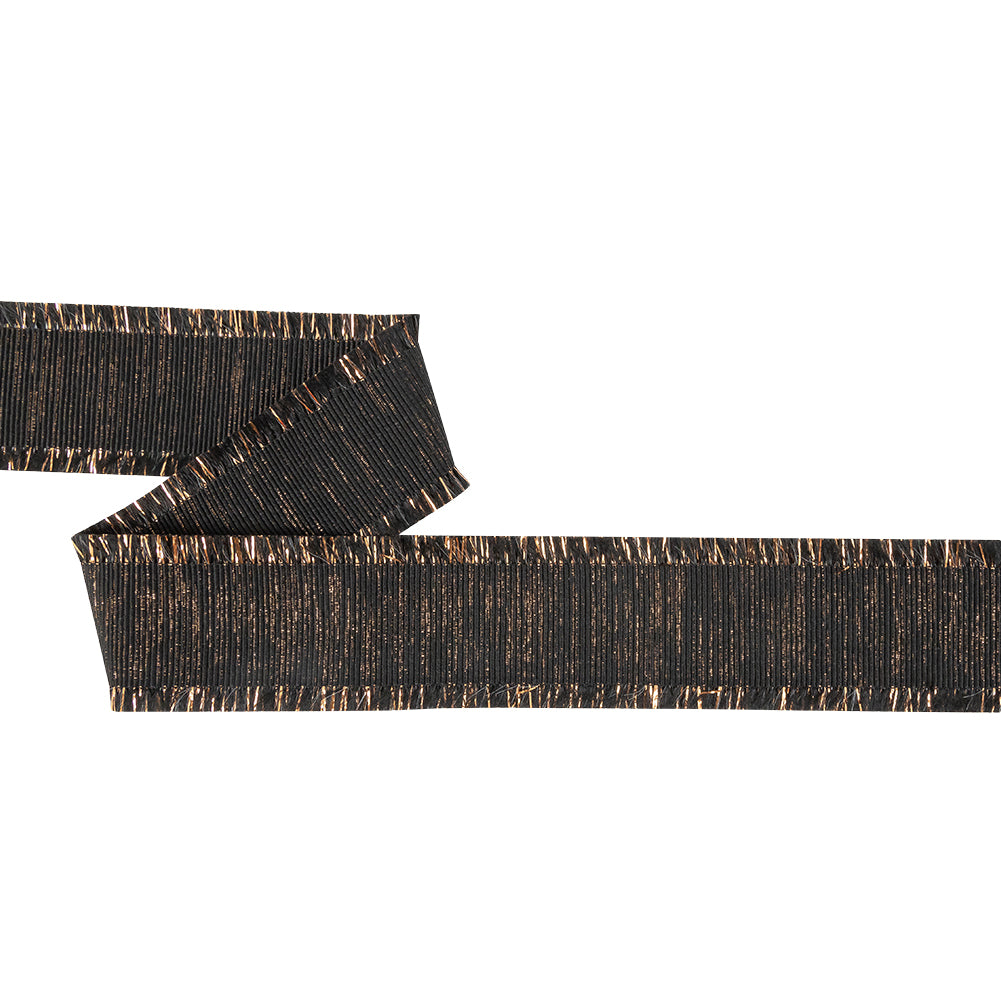 Italian Black and Copper Metallic Grosgrain Ribbon with Fringe - 1.437