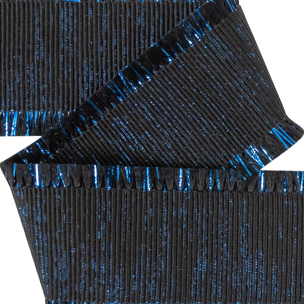 Italian Black and Magnetic Blue Metallic Grosgrain Ribbon with Fringe - 1.4375 - Detail